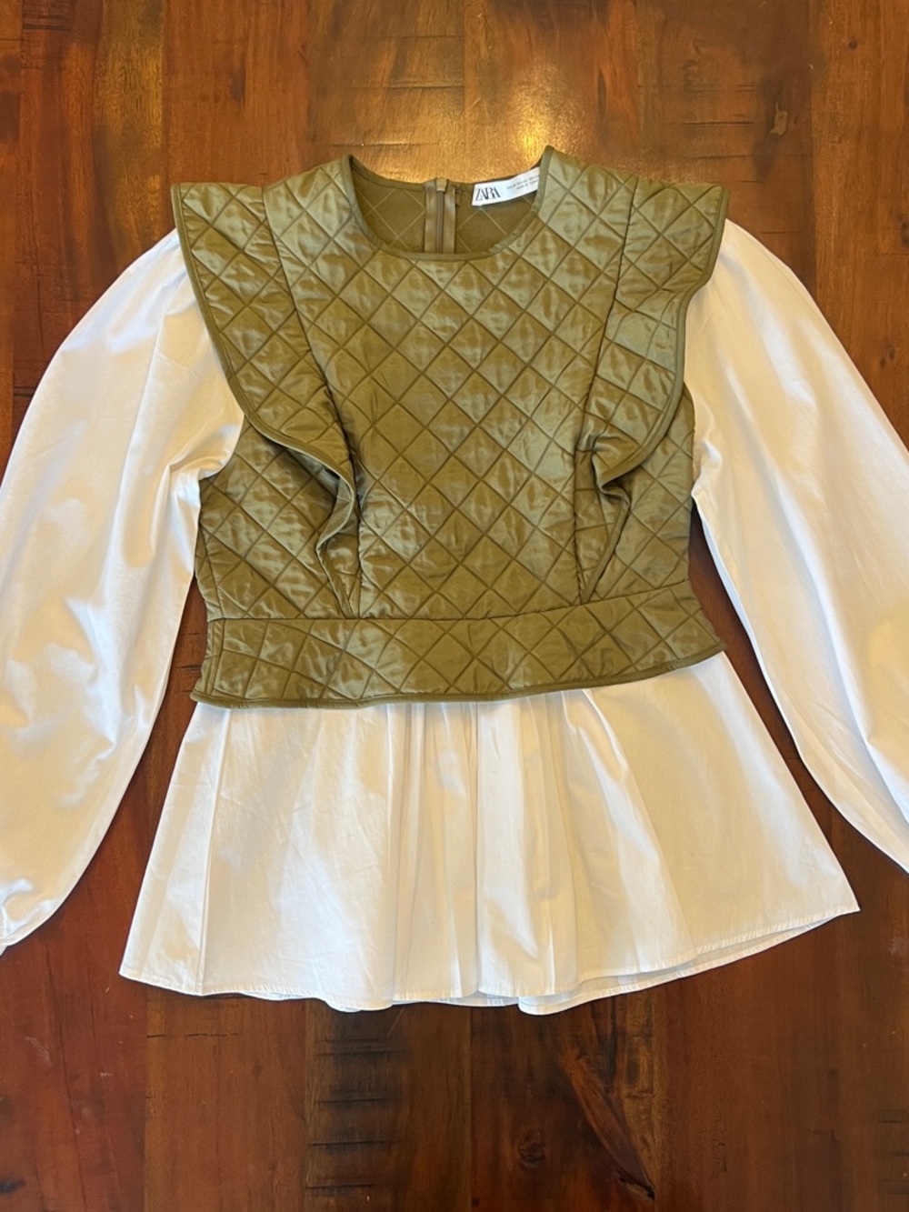 Zara Olive Green Quilted Front Top with White Trim